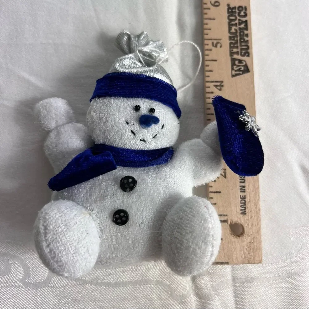 2 Hanging Stuffed Snowmen Blue White Chubby Soft Snowflake Christmas Tree Noel